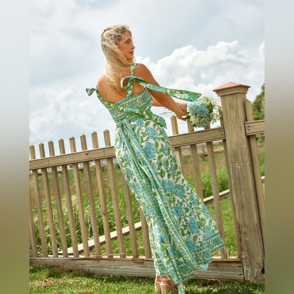 Green Floral Tie-Back Maxi Dress